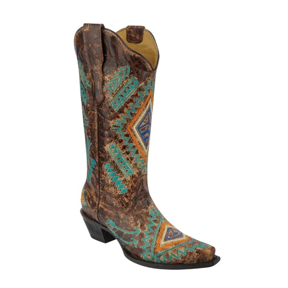 CORRAL WOMEN'S DIAMOND COWGIRL SNIP TOE TURQUOISE COGNAC BOOTS size 6 - Picture 1 of 11